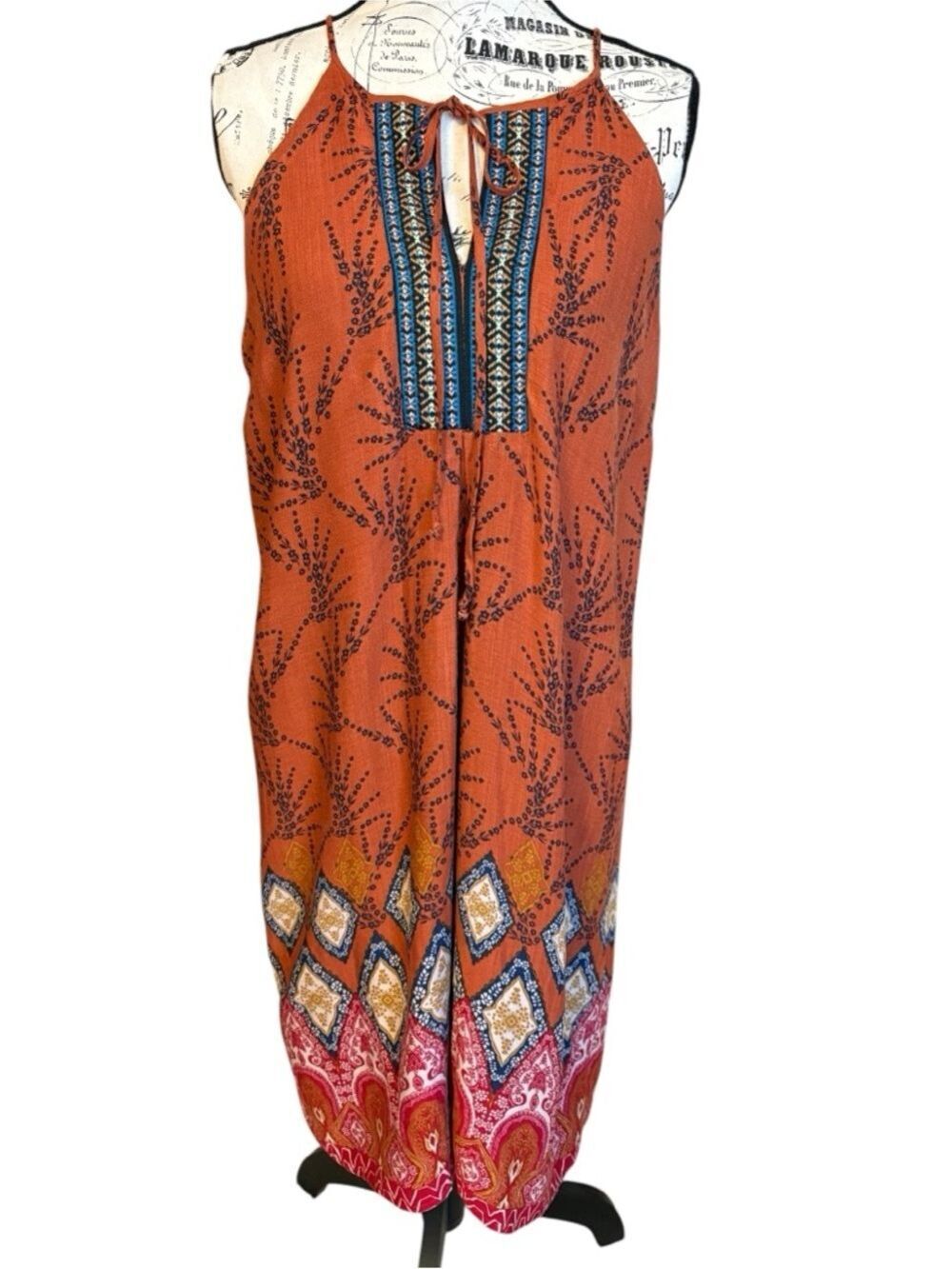Monteau Bohemian Keyhole Halter Midi Dress Embroidered Trim Rust Size L